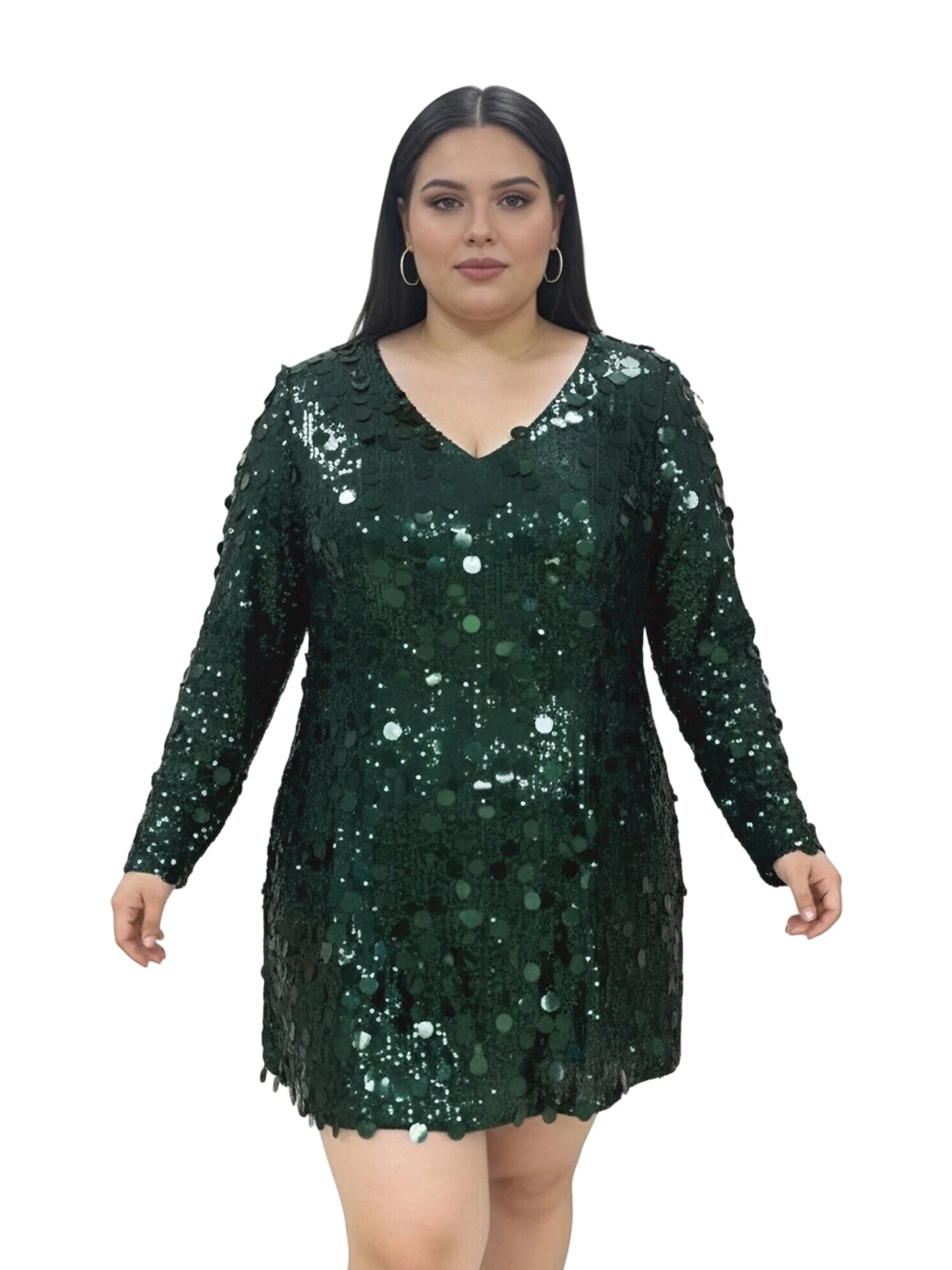 

Женское платье больших размеров с пайетками, однотонное, блестящее, с длинным рукавом, V-образным вырезом, А-силуэта, короткое, для повседневной носки, офиса, вечеринок