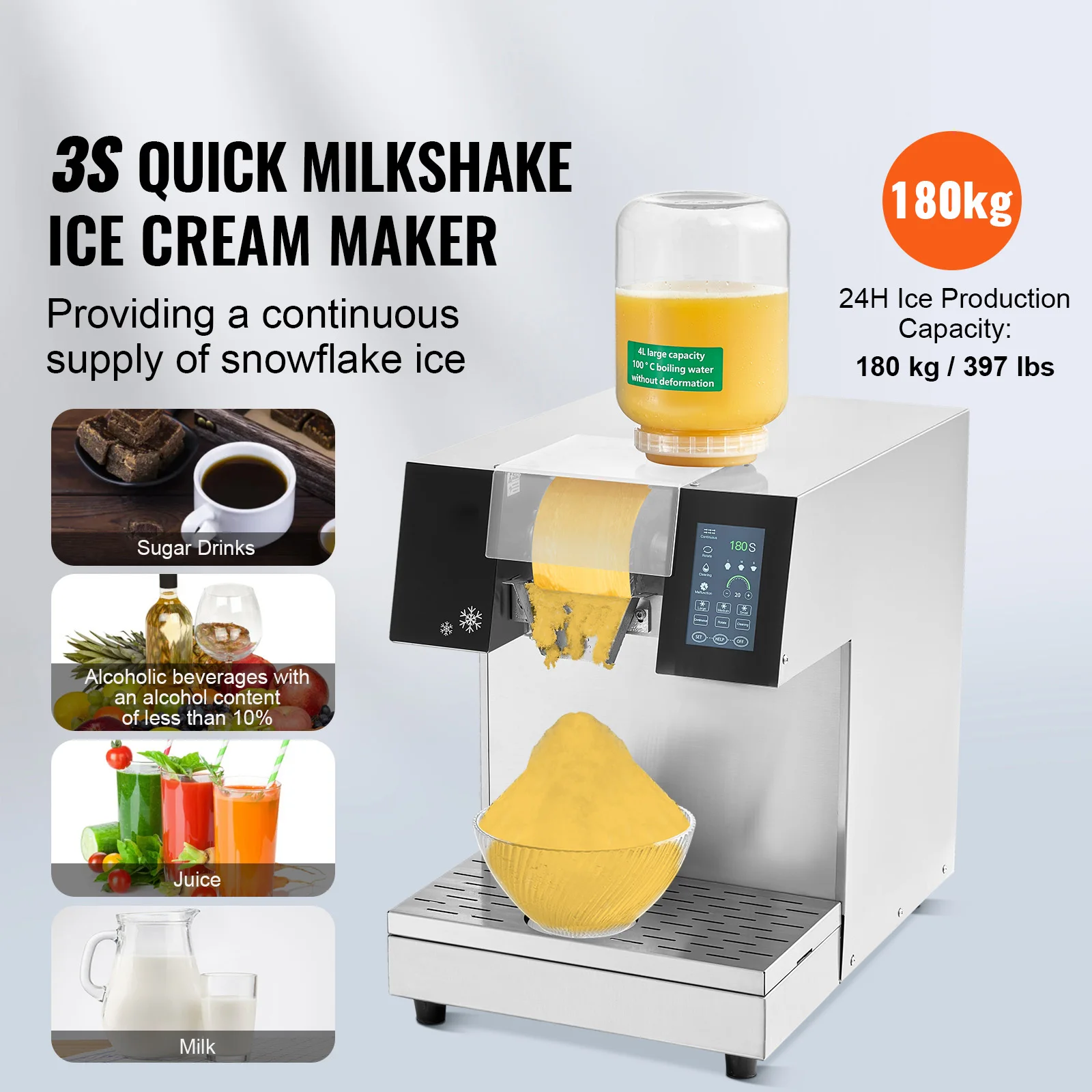 Commercial Snowflake Ice Machine, 397LBS/24H Snowflake Ice Maker, Stainless Steel Ice Shaver Machine, Electric Snow Cone Maker, Liquid Cooling System for Rapid Heat Dissipation, Ice Cream