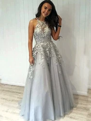 Sweet Silver Gray Prom Dresses A Line Lace Halter Neck Tulle Graduation Party Gowns 16 17 18 Vestidos De Festa