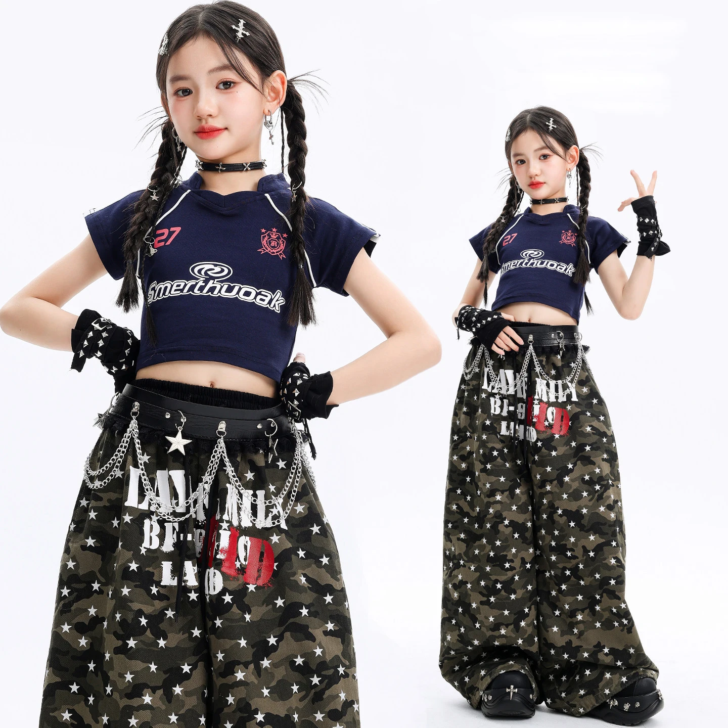 

Kid Kpop Hip Hop Clothing Navy Blue Crop T Shirt Top Camo Stars Print Casual Wide Pants for Girls Street Dance Costumes Clothes