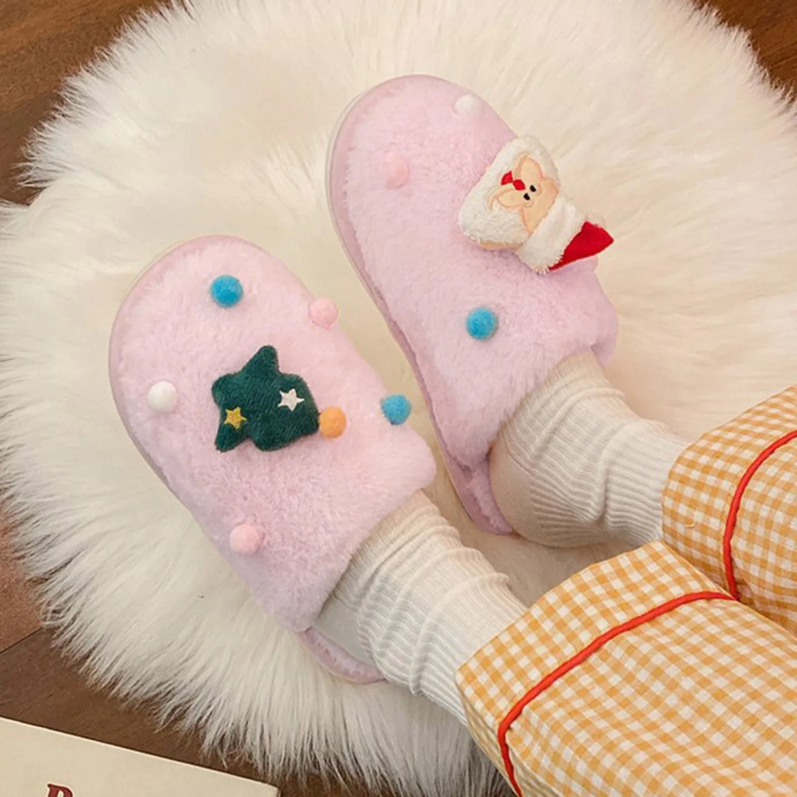 Fleece Lined Slippers for Women Breathable Christmas Winter Shoes Women\'s Slippers Indoor Casual Women\'s Leather Slides Women