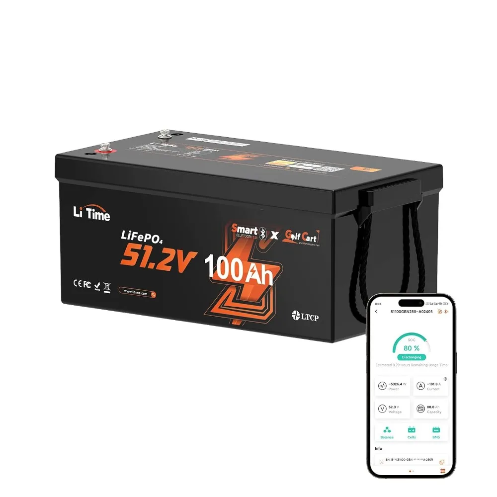 48V 100Ah Bluetooth 5.0 Lithium Battery for Golf Cart,RV,Home | Smart 200A BMS,Low-Temp Protection, Support up to 5kW, Custom