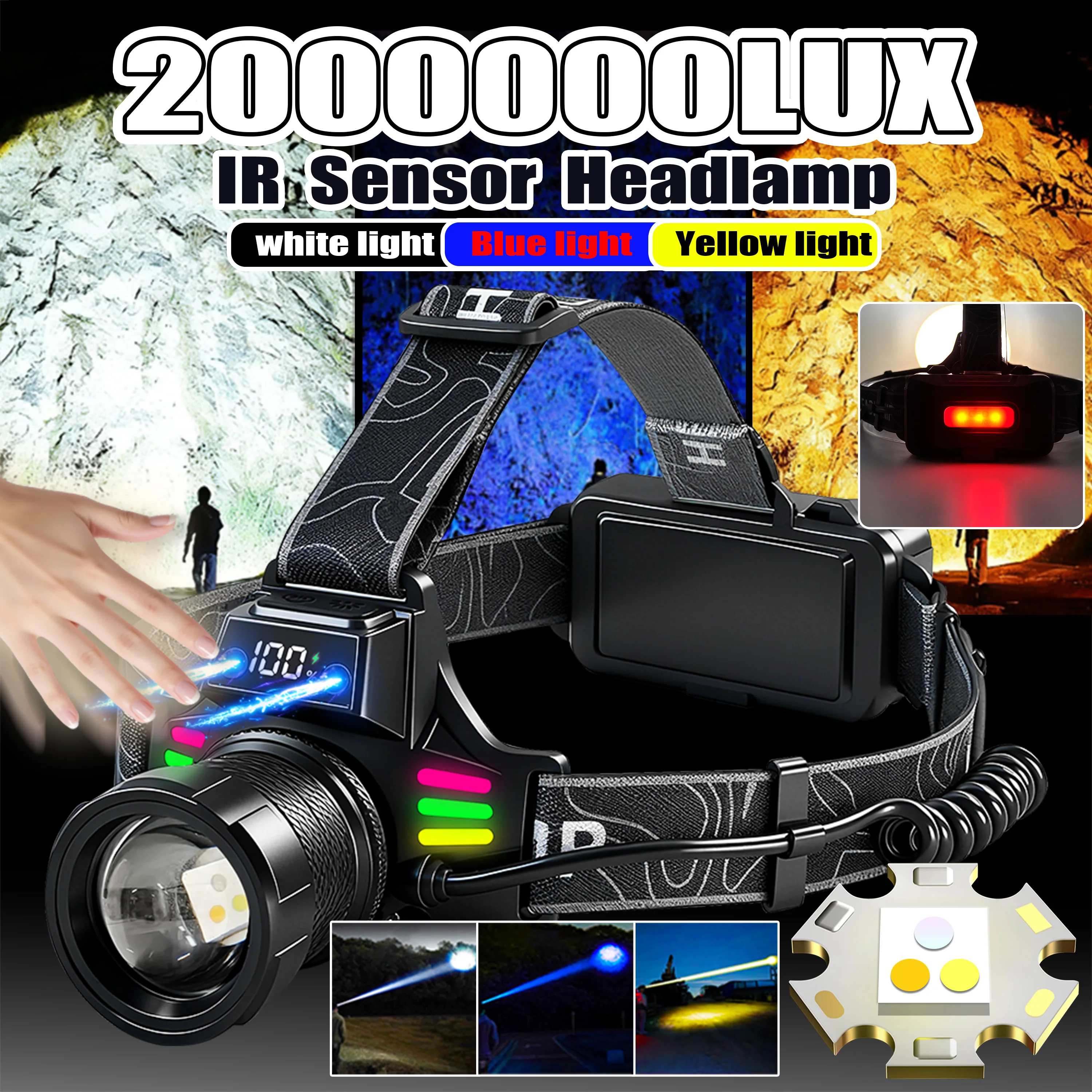 

3-лазерный налобный фонарь, мощный светодиодный налобный фонарь, USB аккумуляторная лампа, ИК-сенсор, налобный фонарик, водонепроницаемый налобный фонарь, кемпинг, рыбалка, Налобный фонарь с зумом