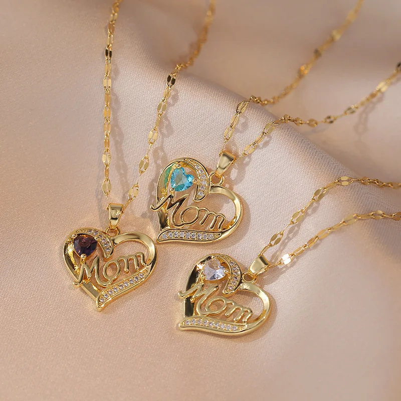 Stainless Steel New Temperament Gold Color Heart Crystal Letter Mom Pendant Necklace for Women Charm Mother's Day Jewelry Gift