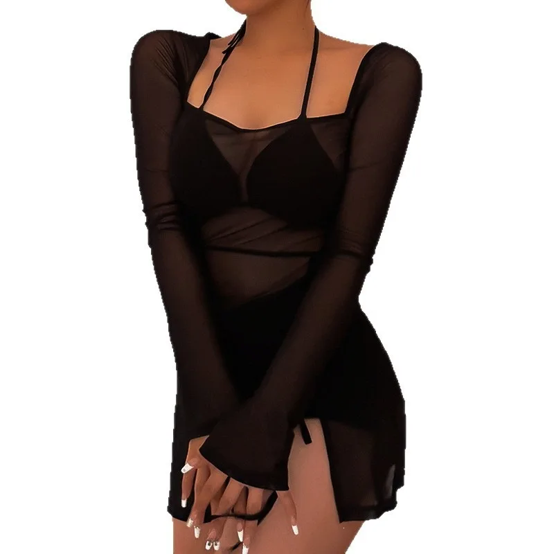 Minivestido lencero sexy Y2K para mujer, ropa de noche, atuendos de club, vestidos transparentes de manga larga