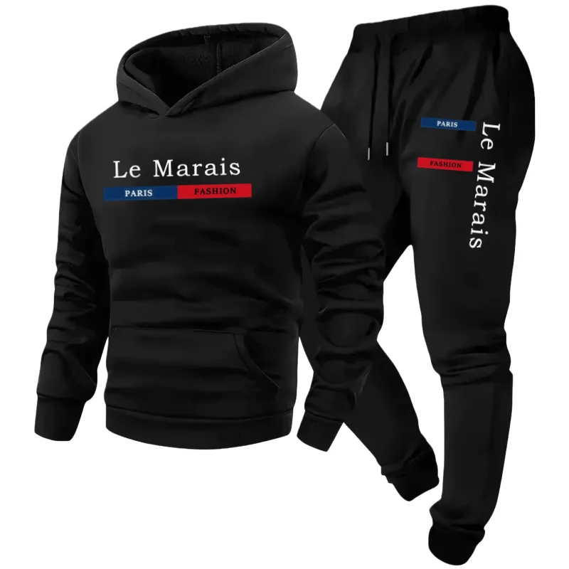 

Men's 2025 Fall/Winter Print Fleece Set – Hoodie & Jogger with Le Marais Paris Fashion Print, Casual Sportswear Suit