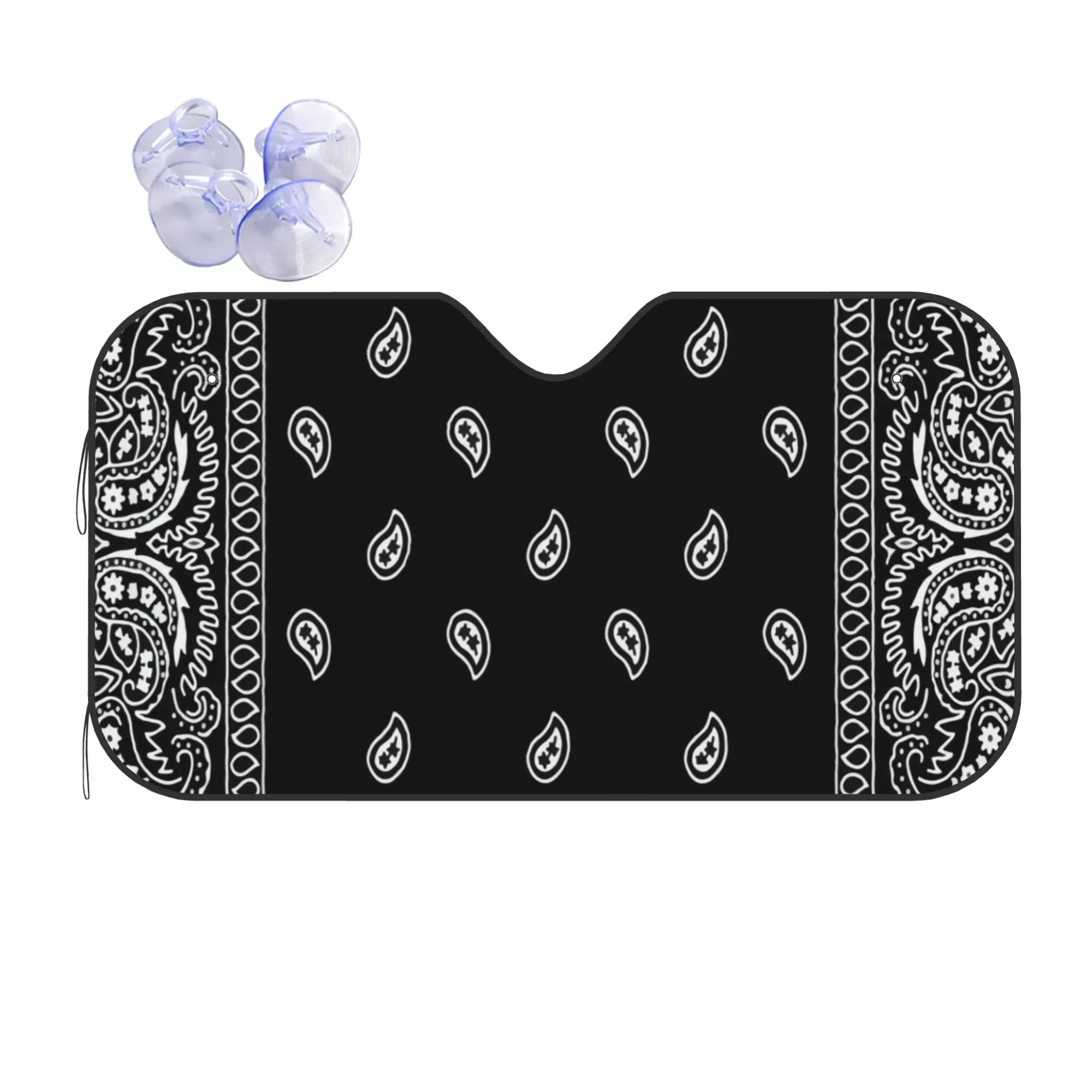 Black and White Bandana Paisley Car Front Windshield Sun Visor Heat Insulation Bohemian UV Protection Aluminum Foil Auto Visor