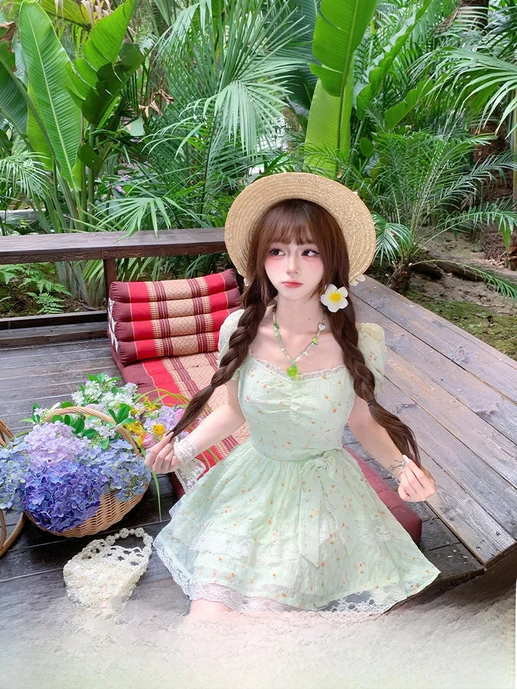 

Sweet Style Mint Green Floral Print Puffy Sleeve Short Dress Summer Bubbly Sleeve Polyester Fabric Gathered Waist Dress