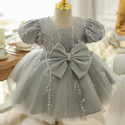 Customized Sequined Bow Design O-neck Flower Girls Dresses Puff Sleeve Ball Gown Princess Vestidos Tiered Pleated Kid Birthday P