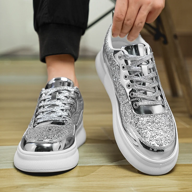 Zapatos de diseñador de lujo dorados y plateados brillantes para hombre, zapatillas informales para monopatín, plataforma con purpurina, calzado deportivo elegante para mujer
