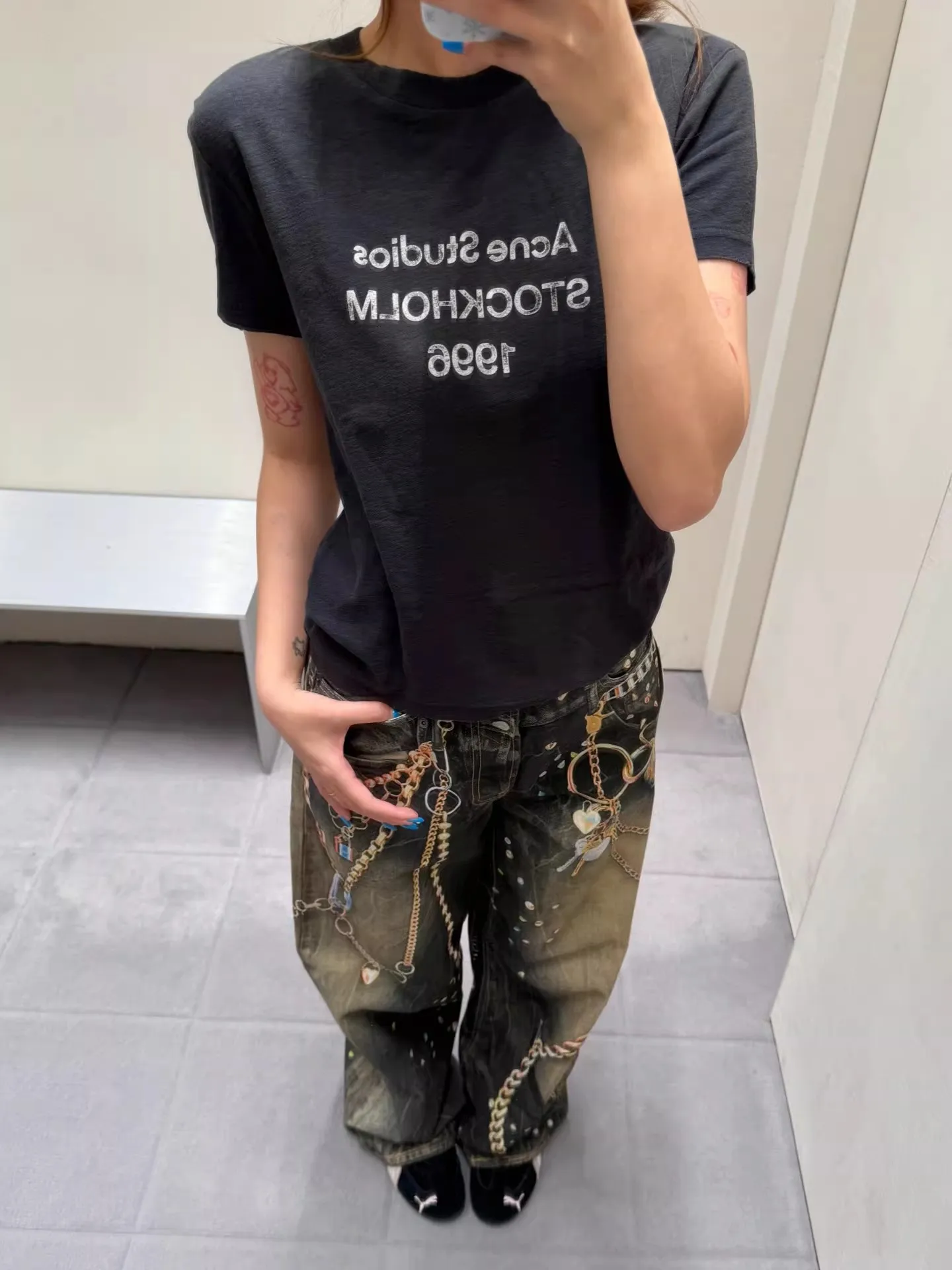 Retro American Black Gold Chain 3D Illusion Printed Floral Wide Leg Casual Jeans Loose Straight Cut Men Women Denim Pants