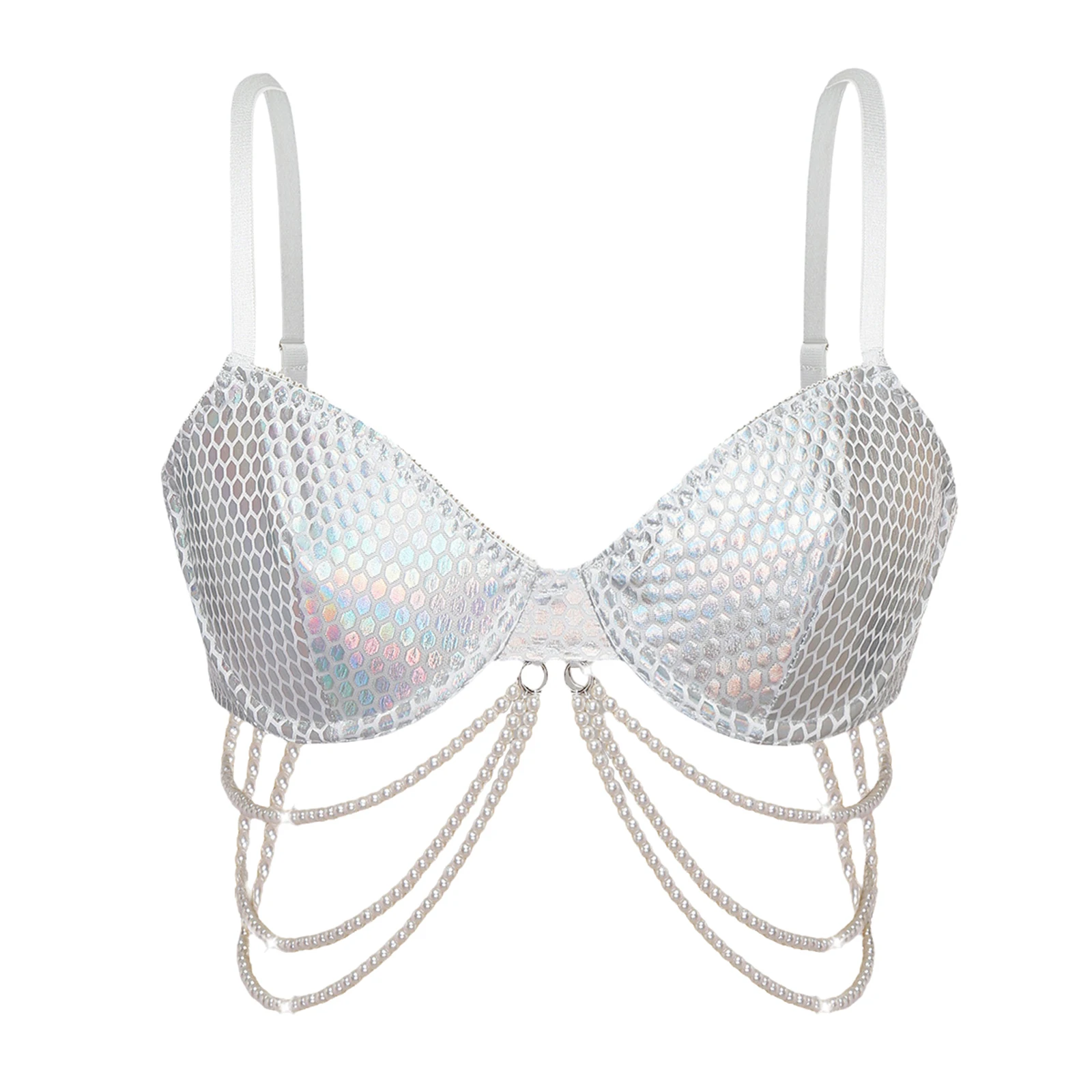 

Women Metallic Push Up Cup Bra Top Club Rave Dance Vest Faux Pearls Chain Tassel Backless Balconette for Beach Pool Party Travel