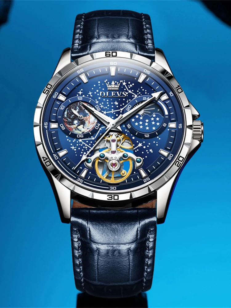 Top Tourbillon Mechanical Watch Men Unique Starry Sky Luminous Moon Phase Hollow Automatic Self Wind Mens Watches reloj hombre