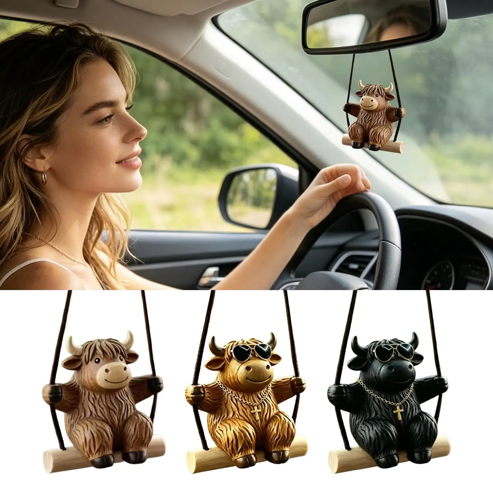 Swinging Car Pendant Cow Swing Automobile Ornament Mirror Decor Animal Swinging Pendant For SUV RV Sedan Truck Vehicle