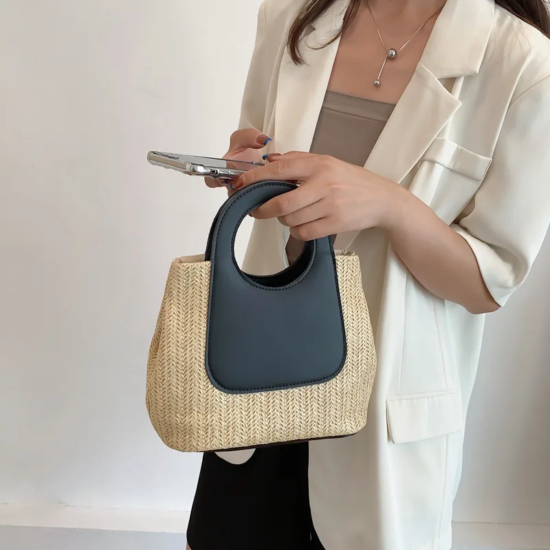 Summer Vintage Color Block Splicing Straw Bag, Large Capacity Handmade Woven Bag, Minimalist Fashion Shoulder Handbag For Girls