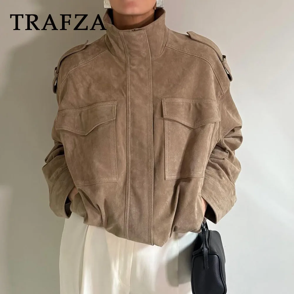

TRAFZA Vintage Cool Casual High Street Woman Fall Jackets Streetwear Khaki Chic Streetwear Fashion 2025 Autumn Mujer Outwears