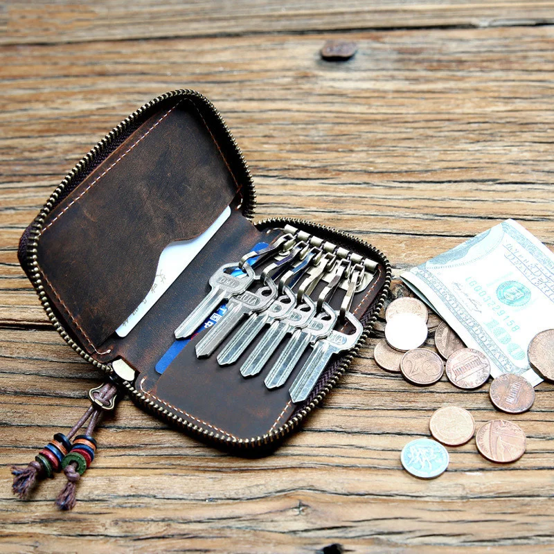 

Genuine Leather Key Wallet For Men Cowhide Vintage Men's Zipper Keys Bag Case Coin Purse Organizer Housekeeper With Card Holders