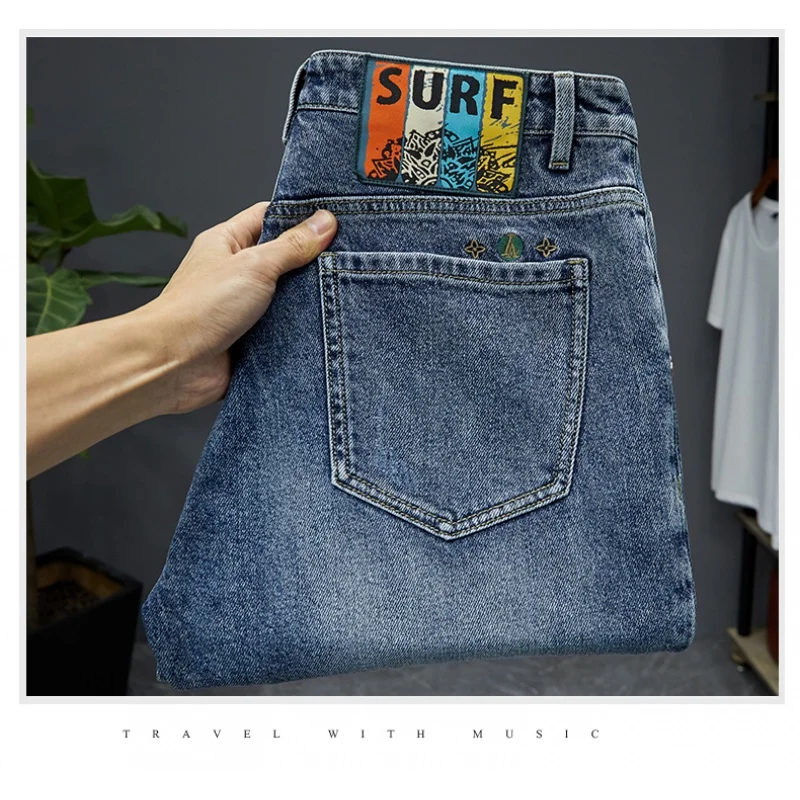 High-End Jeans Men's 2024 Spring and Summer New Retro Blue Water-Washing Embroidery Printed Pencil Pants Casual Slim-Fit Pants