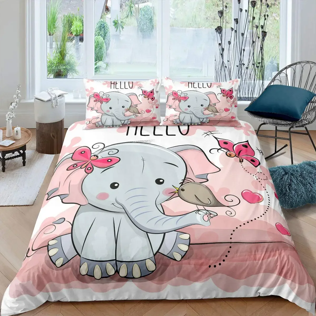 Kids Elephant Bedding Set King/Queen Size Cartoon Cute Animal Duvet Cover for Girls Boys Lovely Wildlife Polyester Quilt Cover