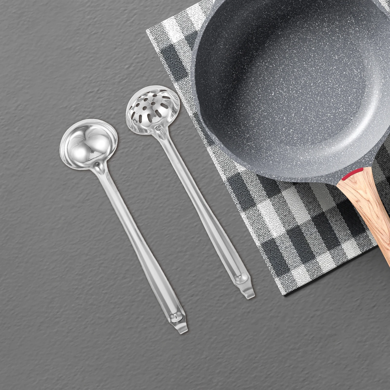 

2pcs Stainless Steel Gravy Soup Serving Hot Pot Cooking Ladle With Hook Kitchen Colander Skimmer For Kitchen Use Slotted Ladle
