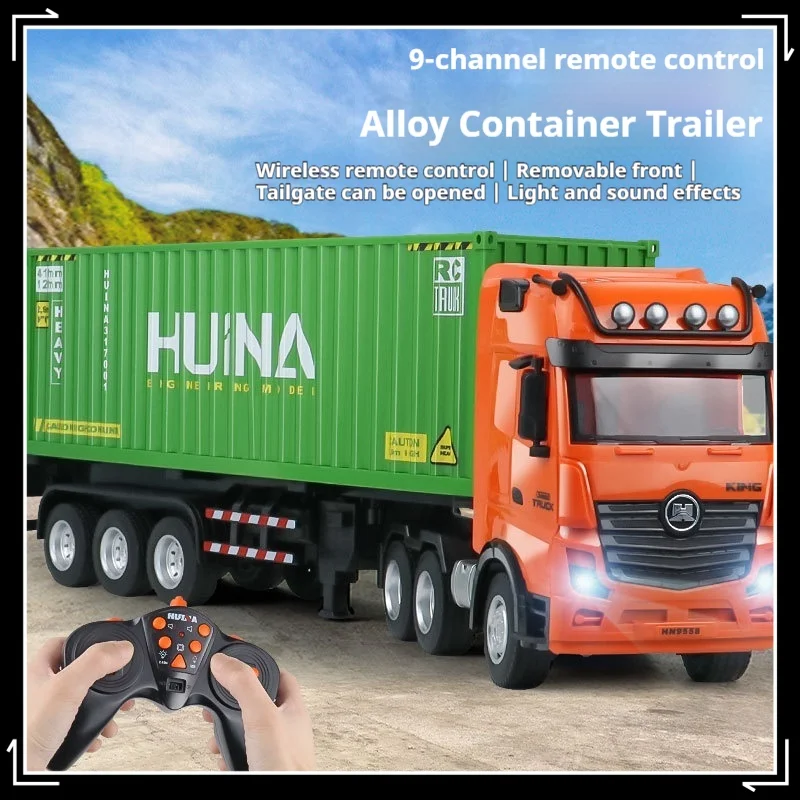 Huina Nine Channel Alloy Rc Remote Control Container Truck Transport Electric Semi Tractor Trailer Trailer Children'S Toy Gift