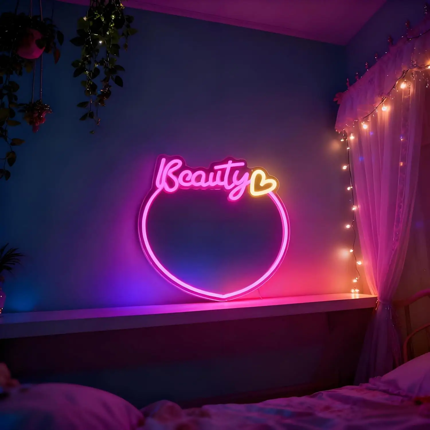 Beauty Mirror Neon Sign USB Dimmable LED Light for Vanity Bedroom Beauty Salon Makeup Room Girls’ Birthday Wall Decor Gifts