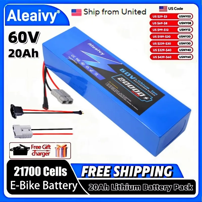 Aleaivy 60V 20Ah 30Ah 21700 Lithium battery pack Electric Bike Lithium Battery Pack for 500W~2000W High Power Bicycle Scooter Mo