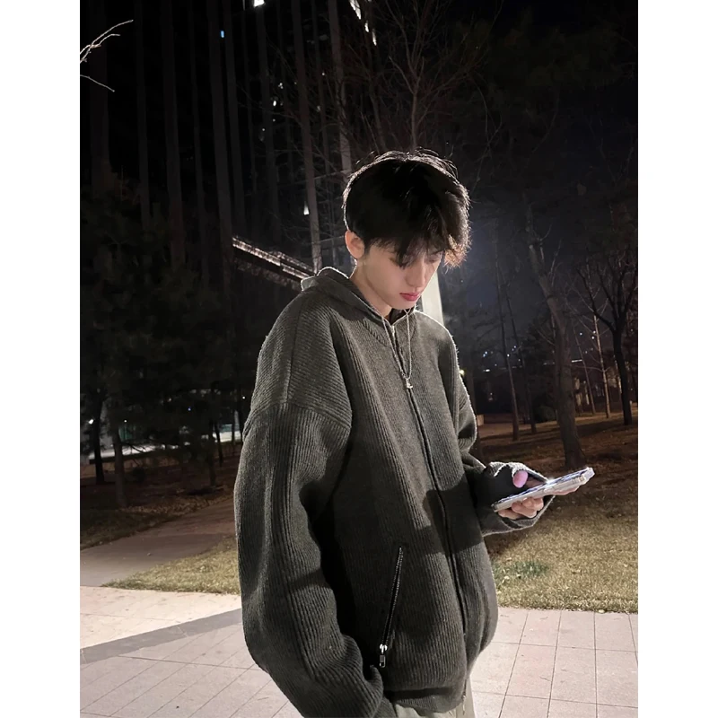 

Deep ey Open Cardigan Sweater Men's Winter American High Street Lazy Knitted Loose Outerwear Casual Long Sve Polyester F...