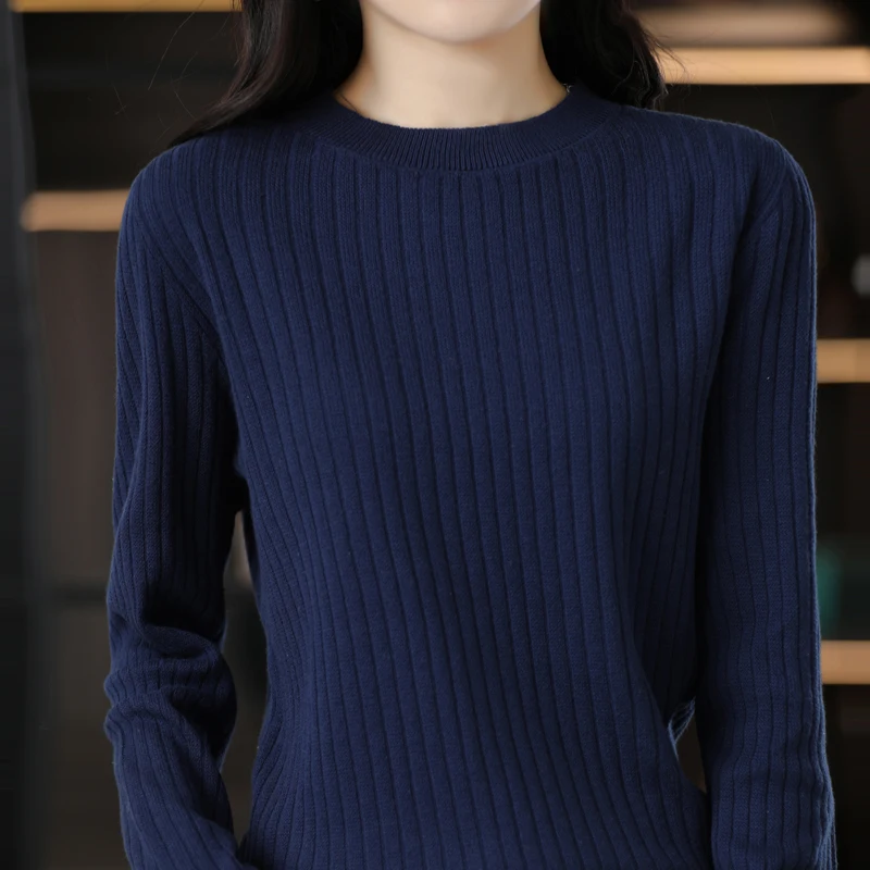 Autumn Winter Women 100% Cotton Sweater O-Neck Pullover Vertical Pit Strip Long Sleeve Knitwear Slim Warm Bottoming Tops