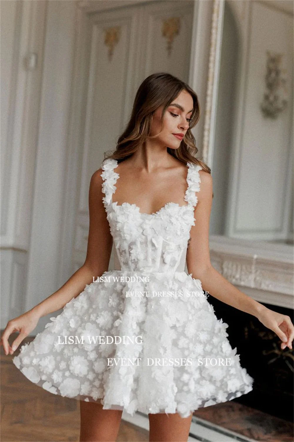 LISM gaun pernikahan Mini pendek bunga 3D mewah gaun pengantin Model A Line tali lebar tanpa lengan korset khusus Vestidos De Novia