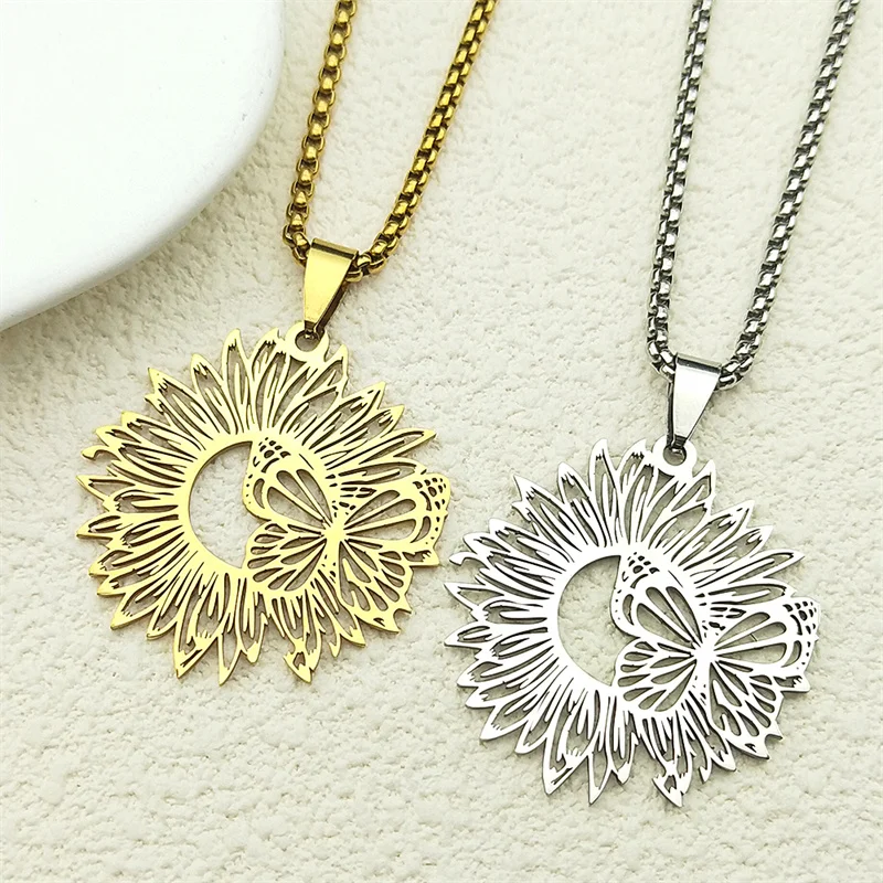

Butterflies Love Flowers Pendant Necklace For Women Men Stainless Steel Silver Color Hollow 2025 New Trend Chain Jewelry Gifts
