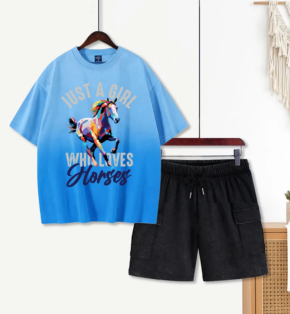 

Комплекты футболок с принтом «Люди, любящие лошадей» и эффектом тай-дай, женские хлопковые футболки, модная свободная одежда, летние шорты с эффектом потертости