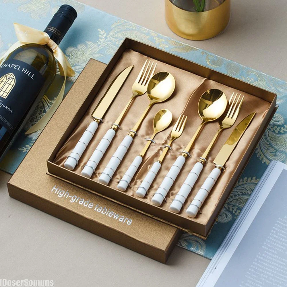 

8 Pcs Stainless Steel Cutlery Set with Ceramic Handle Knife Fork and Spoon Set Non-fading Western Steak Cutlery Gift for Friends