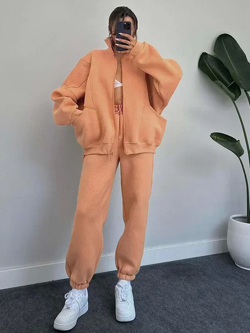 Streetwear 2 Piece Sets Women Outfit Autumn Clothes Women 2024 Solid Jacket Top and Pants Sets Casual Fleece Sweatsuit Woman Set