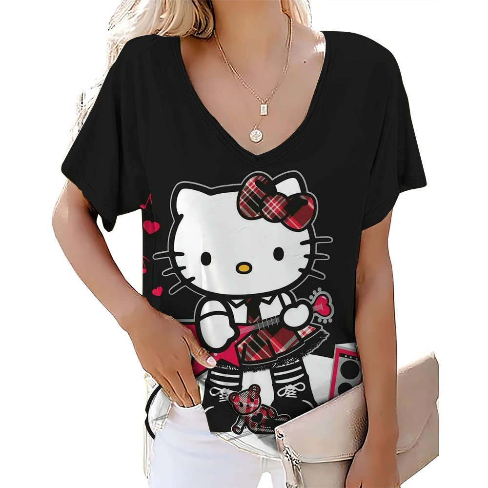 V-neck short sleeved T-shirt, fashionable women's T-shirt, Hello Kitty print, basic top-level street clothing, summer plus size