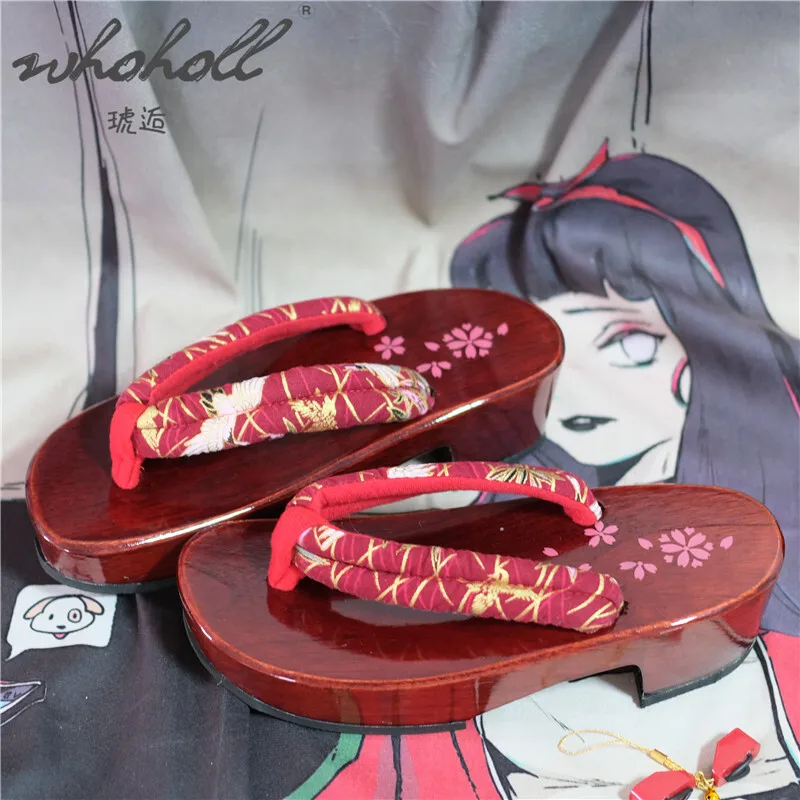 WHOHOLL Geta Japanese Clogs Women Slippers Flip Flops Wood Wedge Sandals Red Bottom Sakura Print Slippers Cosplay shoes