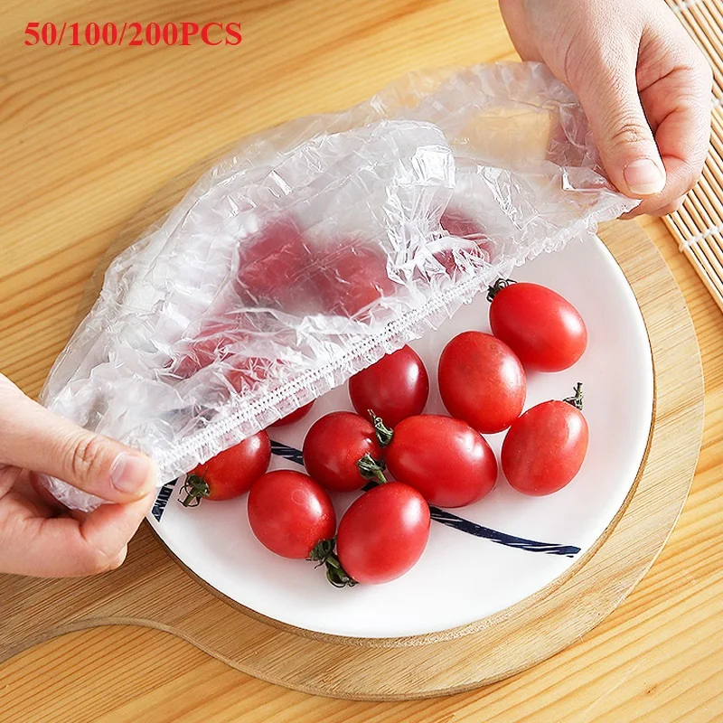 200pcs Disposable Food Cover Plastic Wrap Elastic Food Lids Storage Kitchen Fresh Keeping Saver Bag For Fruit Bowls Cups Caps