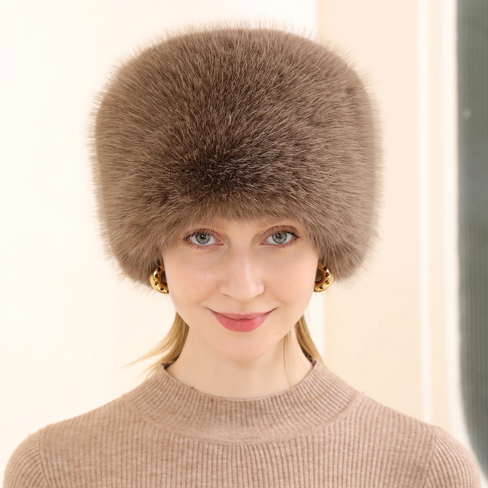 Fashion Women Bucket Hat Flat Top Fox Fur Plush Winter Hat Warm Thickened Ear Protection Windproof Outdoor Hats for Women