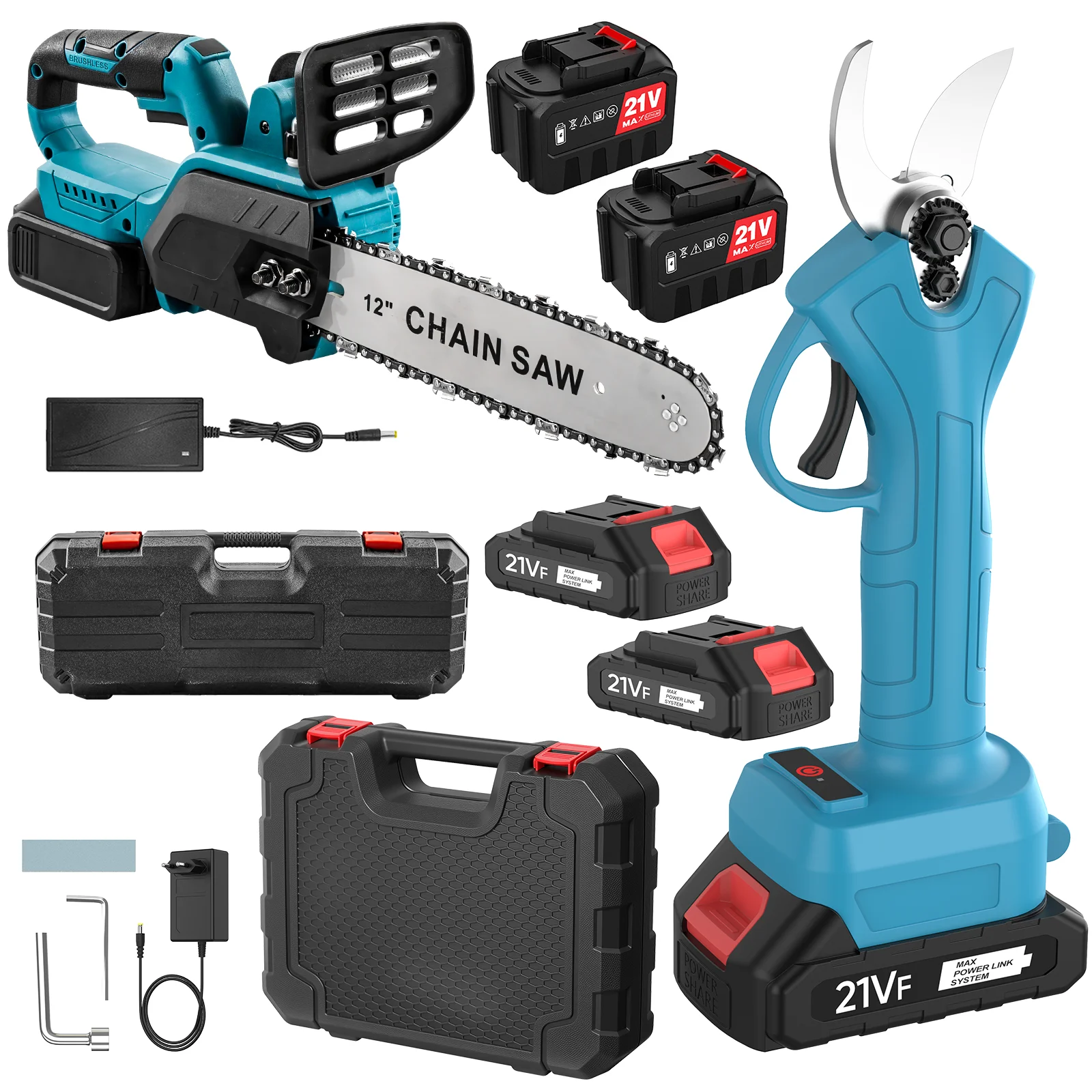 2-in-1 Akku-Gartenscheren- und Kettensägen-Set, 25 mm bürstenlose elektrische Gartenschere für Obstbäume, Bonsai und Äste + 12 Zoll elektrische Kettensäge für Holzbearbeitung und Gartenpflege mit
