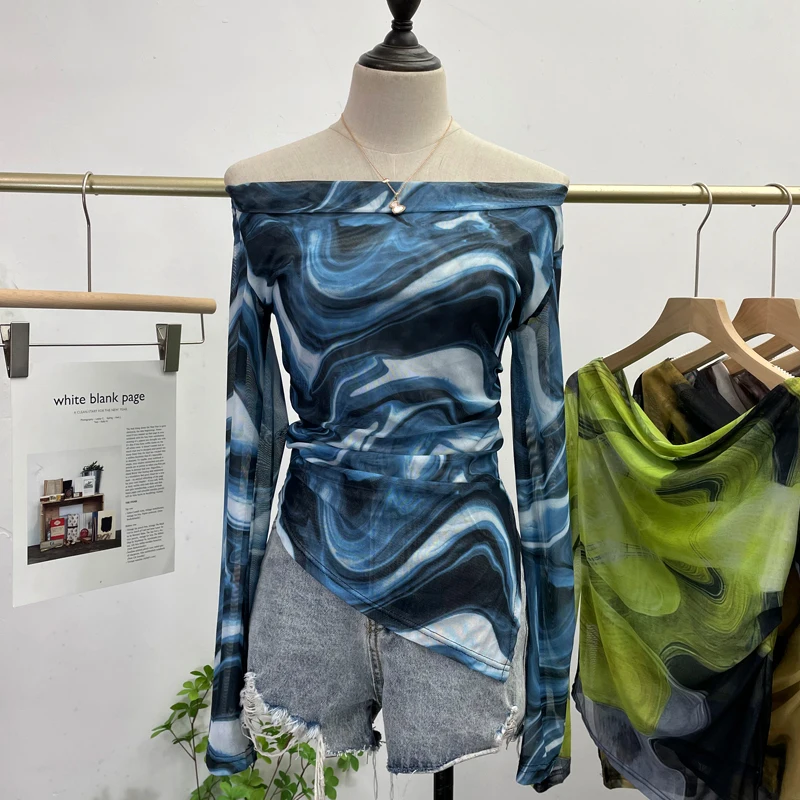 

Облегающая женская футболка с открытыми плечами и длинным рукавом, эластичная нестандартная футболка с разрезом для девушек, топ с воротником-лодочкой, футболки