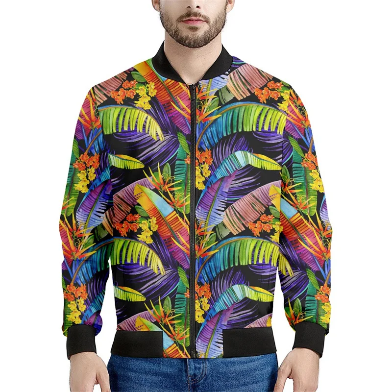 Blossom Tropical Leaves Pattern Print Men's Bomber Jacket 3d Long Sleeve Sweatshirt Oversize Street Bomber Zipper Jacket Coat