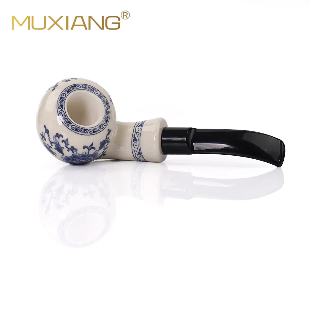 Classic Pottery Antique Ceramic Pipe Ceramic Clay China Pipe 9MM filter Bent Smoking Pipe Double-layer Blue and White pipe