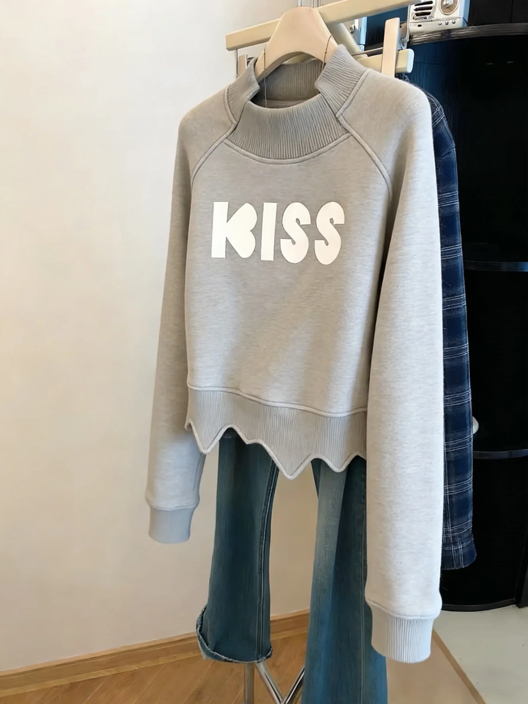 

Trendy Retro ey Asymmetrical f High Collar Sweatirt Women's Spring Autumn Casual Versatile ort Top Faionable Stree...