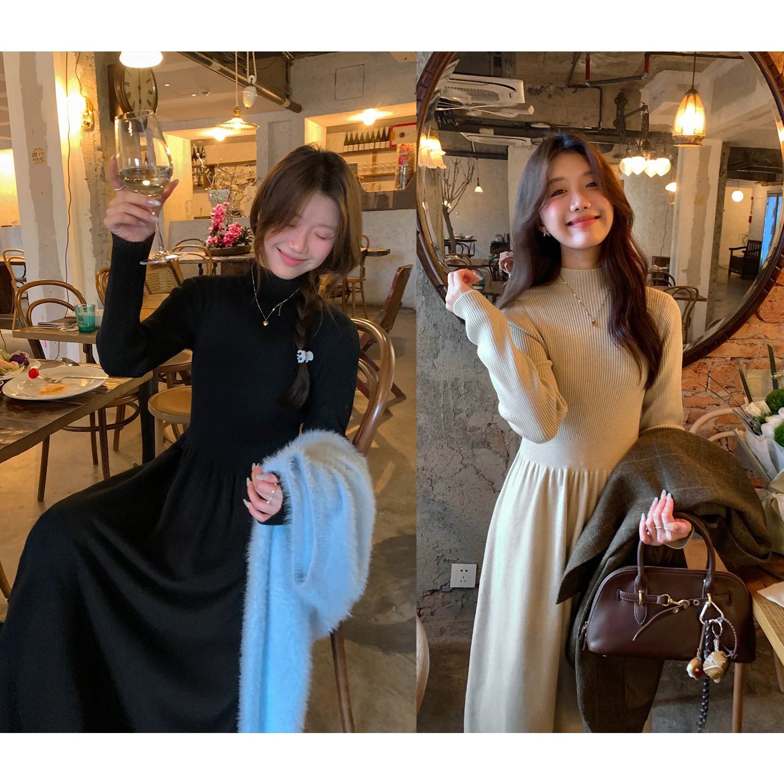 

Корейское трикотажное платье Sisilyon с высоким воротником, А-силуэт, удобное, эластичное, с длинными рукавами, универсальное, осеннее