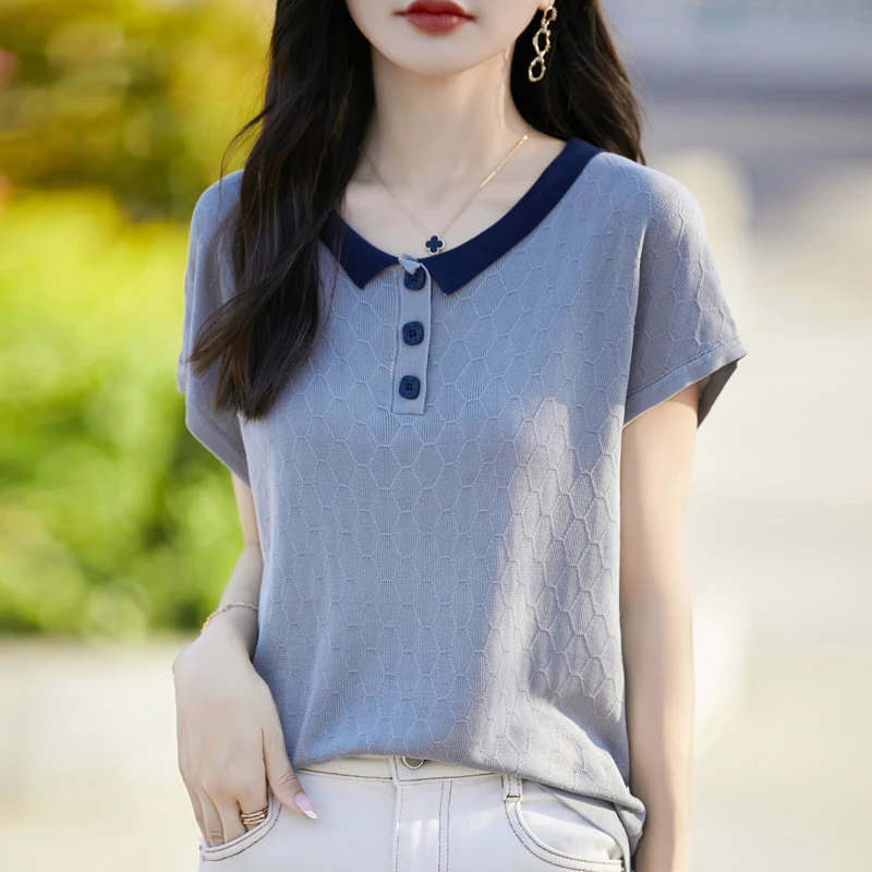 Sommer frauen Gestrickte T-shirt Mode Lyocell Kurzarm Casual Spleißen Tees Kragen Tops Lose Geometrie Bluse