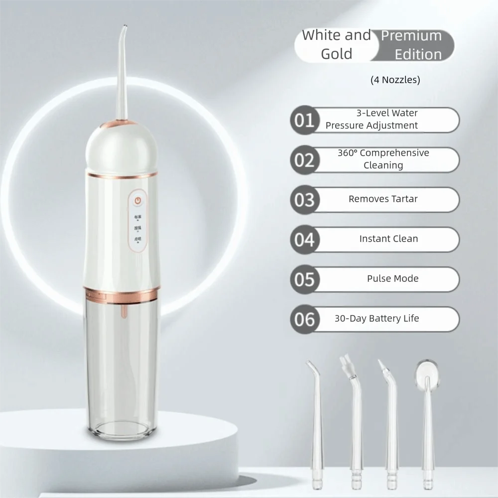 

Струйный наконечник, перезаряжаемый через USB ирригатор для воды, 3 режима, емкость 220 мл, ирригатор для полости рта, 4 насадки, IPX7, водонепроницаемый очиститель зубов для домашнего использования