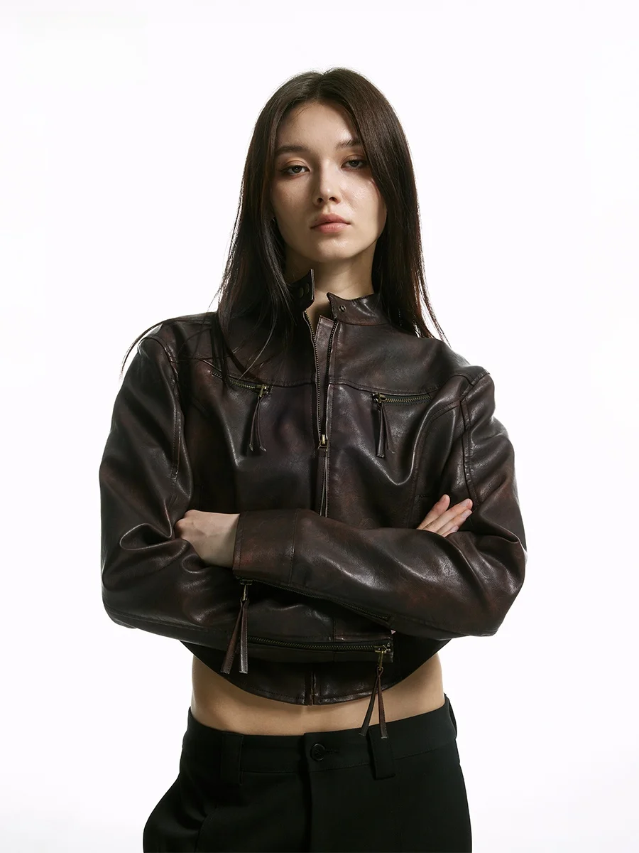 Wildund Browni Red Slim Fit Biker Jaet ort Color Rub PU Leather Women's Street Sle Zipper Closure Faionable Coat