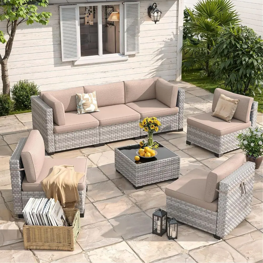 

6-Seat Outdoor Wicker Sectional Sofa Set with 4 Cushions, Rust-Resistant Steel Frame, Beige