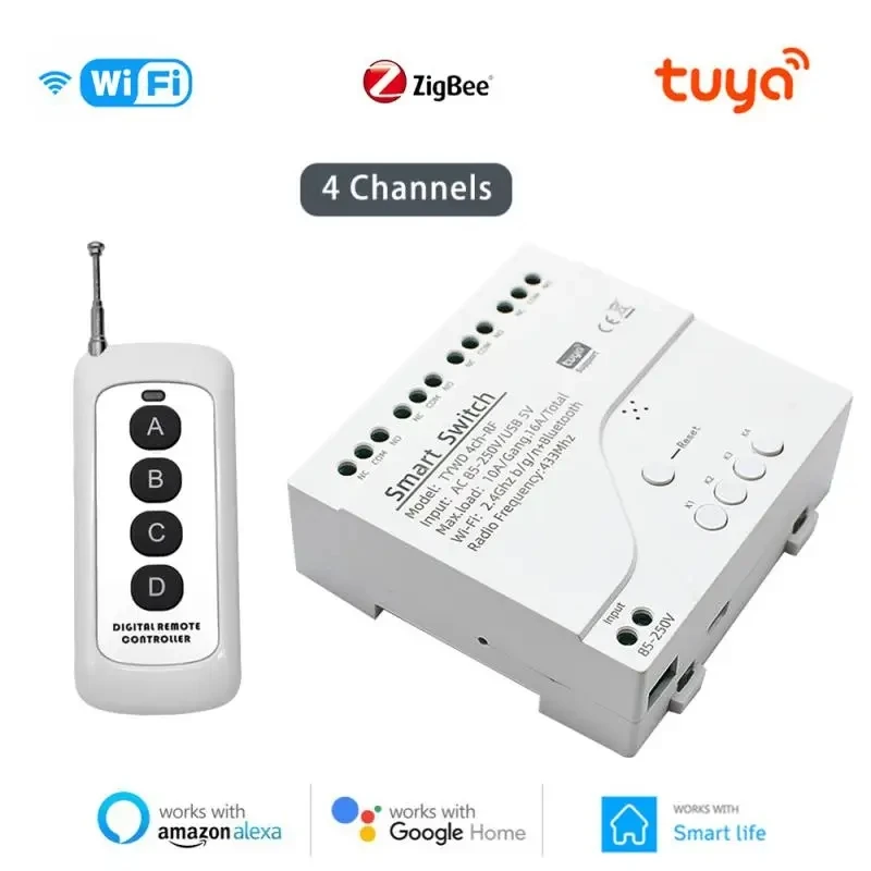 Tuya WIFI/Zigbee Smart Switch Module 4 Channel Timer Switch Module RF433 10A Relay Switch Support Alexa Google Home Smart Life