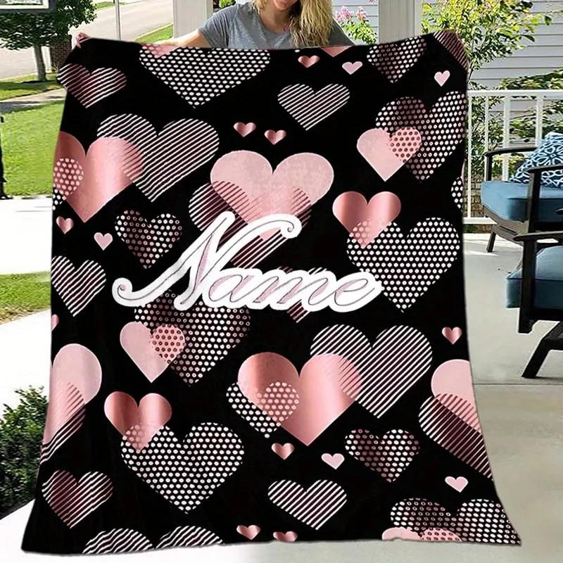 

Custom Name Text Blanket with Pink and White Heart Pattern All-Season Travel Camping Blankets Christmas gift Flannel Blanket